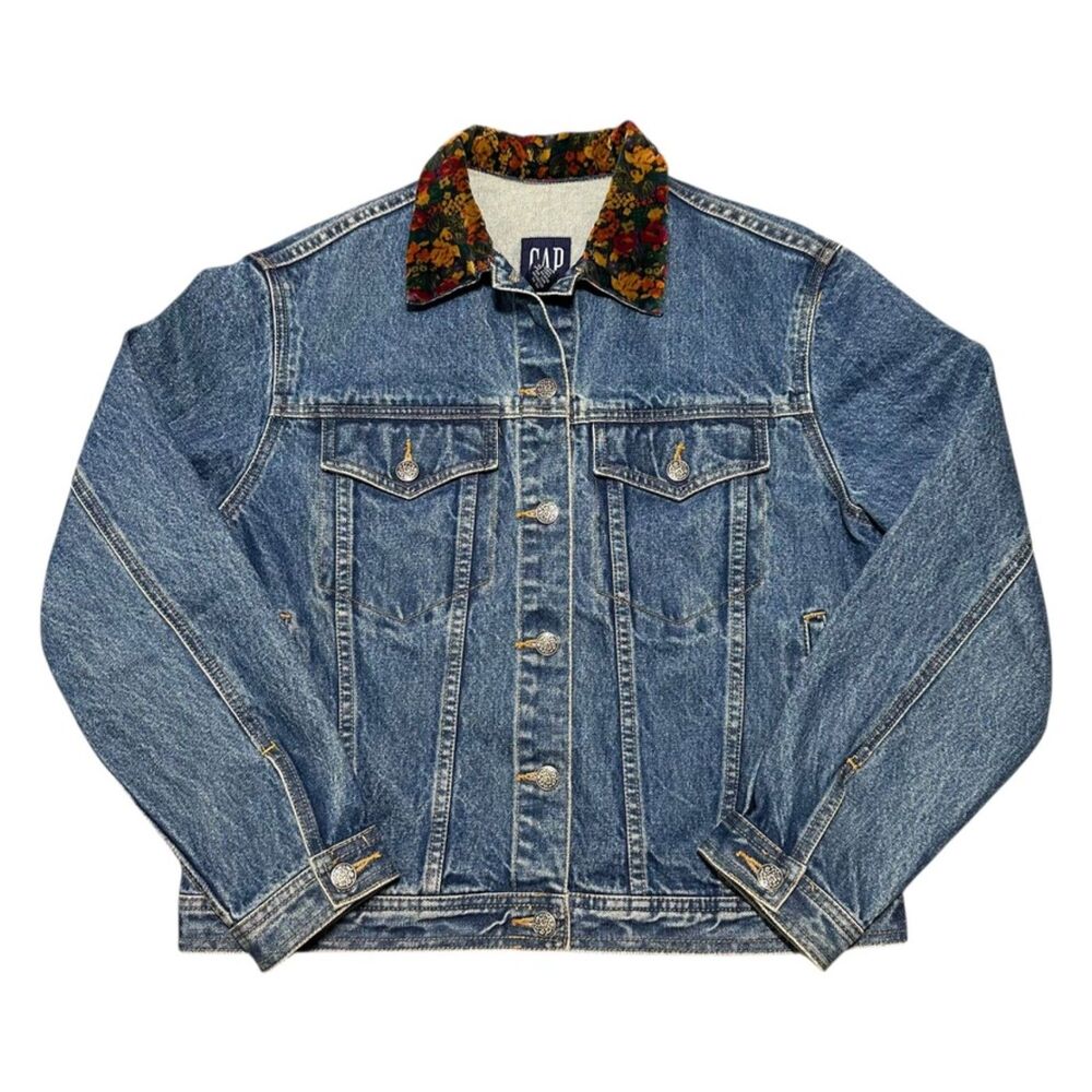 Vintage GAP 100% Cotton Blue Denim Jean Jacket w/ Floral Collar, Size Small